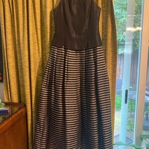 Black/Navy Satin Bodice with Black and Silver Striped Full Skirt Evening Dress.